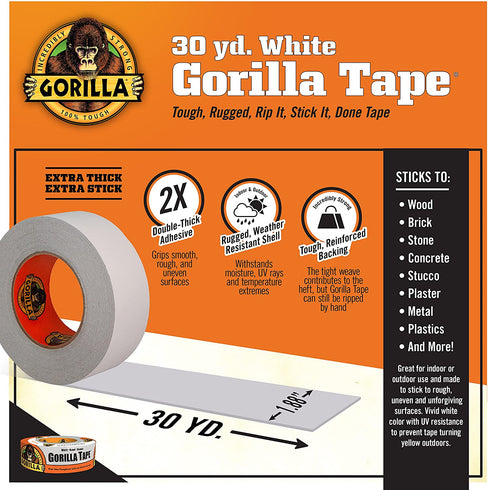 Gorilla Tape, White Duct Tape, 1.88" x 30 yd, White, (Pack of 1)