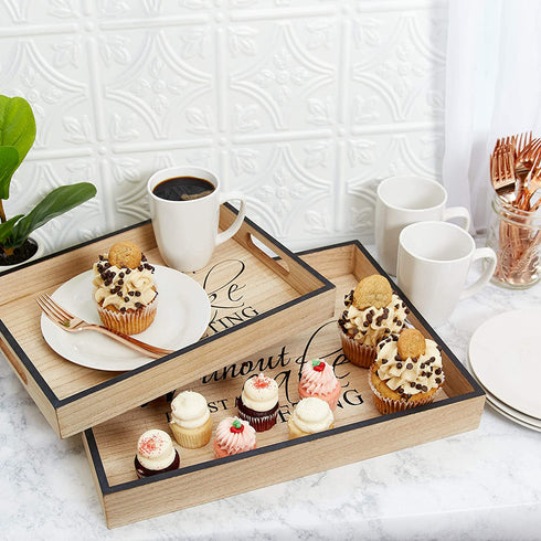 A Rated Trading Bamboo Serving Tray Set - 2 Pieces - Coffee Table Tray - Ottoman Tray - A Home Party Without Cake is just a Meeting Breakfast in Bed