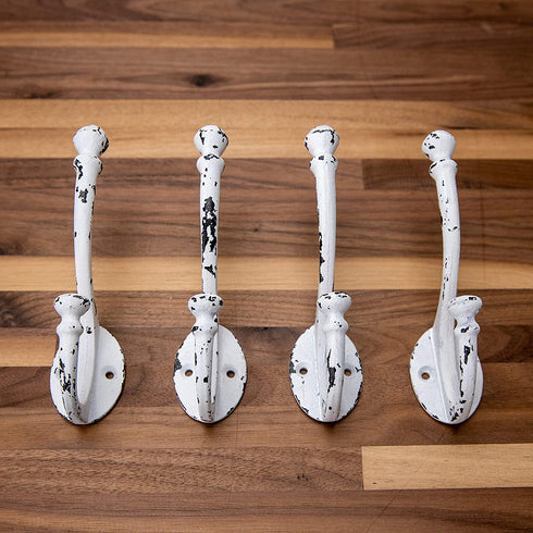 Vintage Cast Iron Wall Hooks (Antique White Finish, Set of 4) - Rustic, Farmhouse, Shabby Chic, French Country Coat Hooks | Great for Coats, Bags, Towels, Hats | Heritage Select