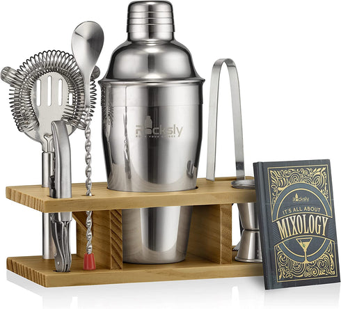 ROCKSLY Mixology Bartender Kit and Cocktail Shaker Set for Drink Mixing | Mixology Set with 6 Bar Set Tools and Pinewood Stand Makes It the Perfect Home Cocktail Kit | Complete Bartender Kit (Silver)