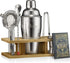 ROCKSLY Mixology Bartender Kit and Cocktail Shaker Set for Drink Mixing | Mixology Set with 6 Bar Set Tools and Pinewood Stand Makes It the Perfect Home Cocktail Kit | Complete Bartender Kit (Silver)