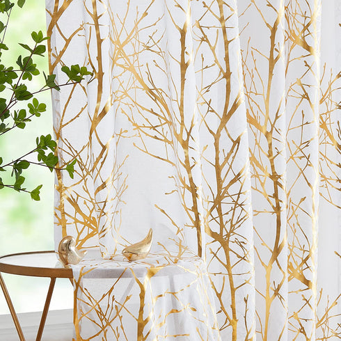 FMFUNCTEX Gold White Tree Sheer Curtains 45" Length Foil Branch Tree Curtain Panels for Living Room Bedroom Light Filtering Curtain Panels for Small Windows Rod Pocket 2 Panels