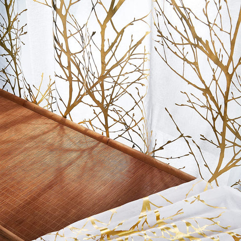 FMFUNCTEX Gold White Tree Sheer Curtains 45" Length Foil Branch Tree Curtain Panels for Living Room Bedroom Light Filtering Curtain Panels for Small Windows Rod Pocket 2 Panels