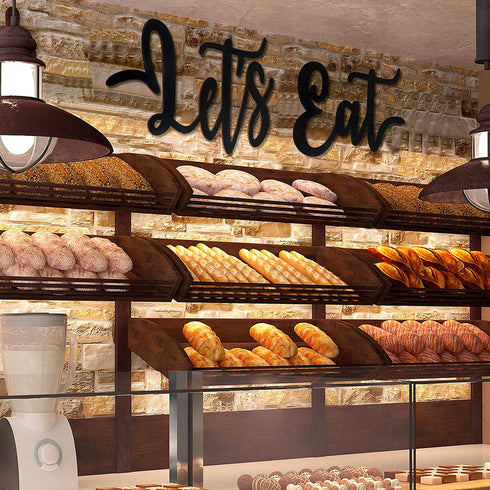 2 Pieces Wooden Let's Eat Sign, Rustic Black Cutout Eat Kitchen Decor, Kitchen Hanging Wall Plaque Farmhouse Wall Sign for Home Kitchen Dining Living Room Decoration