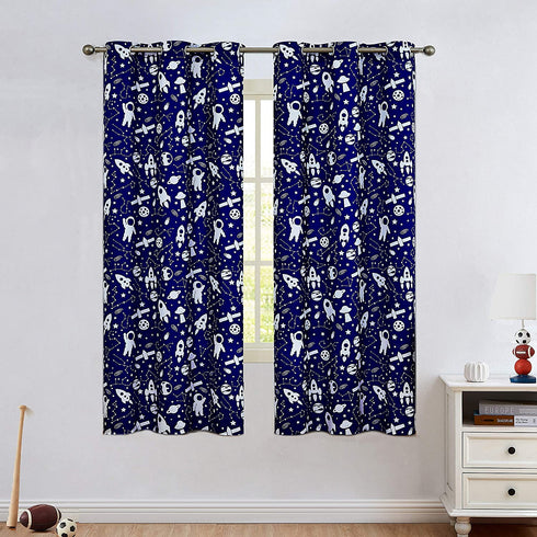 Central Park Room Darkening Window Curtains for Kids Bedroom Nursery Space Planet Theme 54 Inch Length with Grommets Window Drapes Printed Curtains for Living Room, 42" x 54"x2, Navy Blue