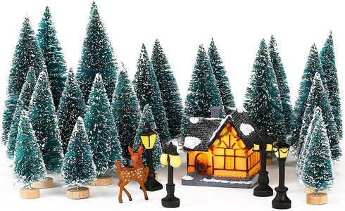 Marsui Christmas Pine Trees Artificial Snow Frost Trees Green Bottle Brush Trees with Christmas Miniature Village House, Mini Street Light, Deer Toys Figure for Christmas Decoration, Set of 30