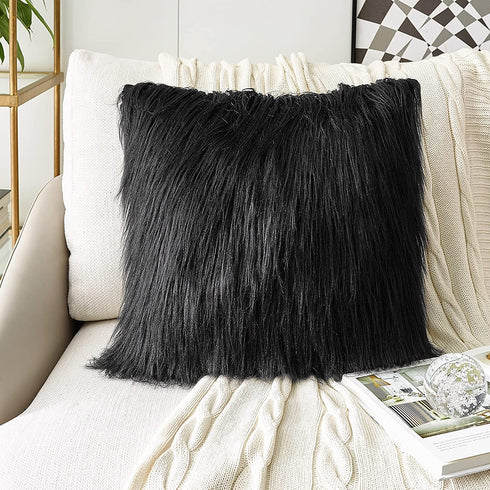 JLCROTENGRA 2 Pack Decorative Faux Fur Throw Pillow Covers Velvet Fluffy Cushion Covers for Living Room Bed Couch Sofa Chair, 20x20 Black(No Insert)