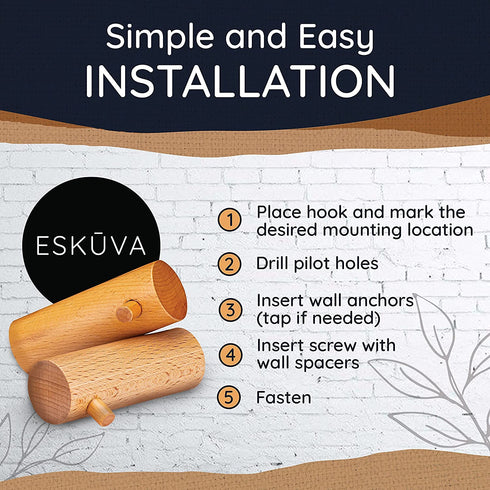 ESK?VA Beech Wood Wall Hooks 5 Pack - 3 Inch Coat Hooks Hat Rack for Wall - Wooden Wall Hooks for Hanging Towels Heavy Duty - Backpack Hanger Key Hooks Wall Mounted Decorative Design
