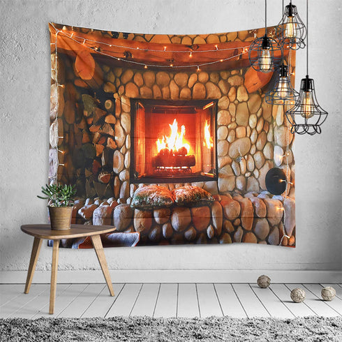 Sevendec Christmas Tapestry Wall Hanging Xmas Cobblestone Fireplace Wall Tapestry for Party Livingroom Bedroom Dorm Home Decor W90" x L71"