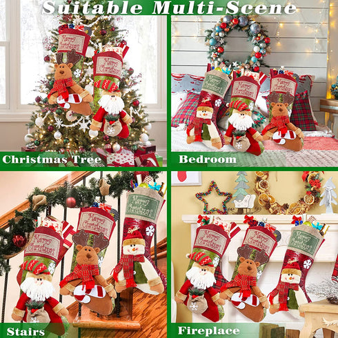 Linkowin Christmas Stockings, 3 Pack Classic 3D Xmas Stockings, Santa, Snowman, Reindeer Fireplace Character 18" Hanging Decorations, Xmas Stocking Holder Bulk for Family Home Holiday Xmas Tree Decor