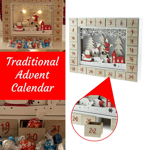 Clever Creations Wooden Christmas Advent Calendar, Countdown to Christmas, LED Holiday Decoration, Battery Operated, Red Winter Scene
