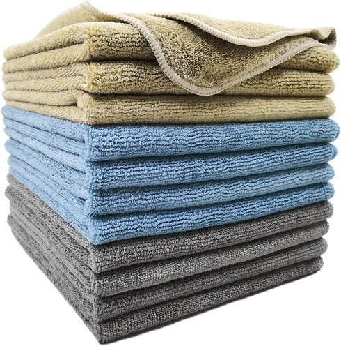 Polyte Microfiber Cleaning Towel (16x16, 12 Pack Professional, Blue,Camel,Gray)