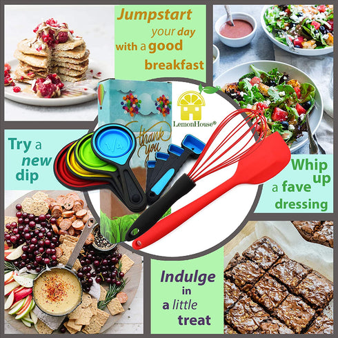 Silicone Whisk - Collapsible Measuring Cups and Spoons - Baking Spatula - 10 Piece Set - Cooking Kitchen Utensils
