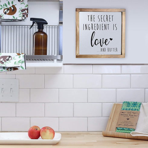 Secret Ingredient is Love Sign 12x12 Inch - Secret Ingredient is Love And Butter Sign, Farmhouse Dining Room Wall Decor, Wooden Made with Love And Butter Sign, Kitchen Decor for Counter, Pantry Sign