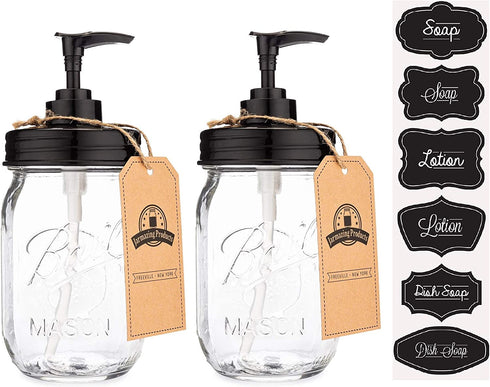Jarmazing Products Black Mason Jar Soap Dispenser Jars - 2 Pack - Rust Proof Plastic with Genuine Ball Pint Jars