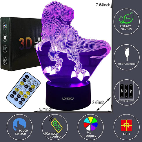 LONGXU Dinosaur Toys 3D Night Light for Boys with Timer Remote & Smart Touch 7 Colors Changing Dimmable TRex Toy 1 2 3 4 5 6 7 8 9 10 Year Old Boy Gifts (Dinosaur)