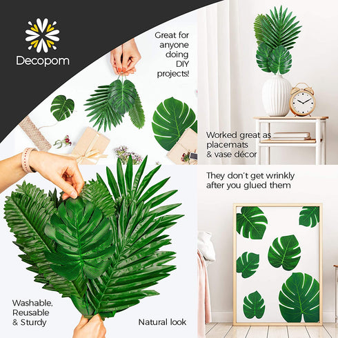 Decopom Palm Leaves Artificial Tropical Monstera-84Pcs 6 Kinds Large Small Green Fake Palm Leaf with Stems for Safari Jungle Hawaiian Luau Party Table Decoration Wedding Birthday Theme Party