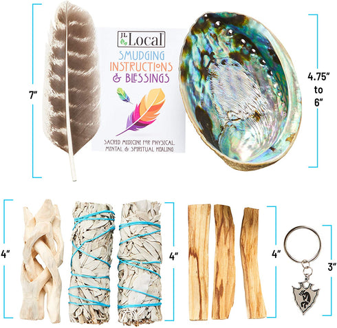 Smudge Kit - White Sage, Palo Santo, Abalone Shell, Smudging Feather, Kokopelli Keychain! Healing, Purifying, Meditating & Incense (Essentials Plus)
