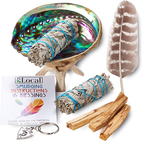 Smudge Kit - White Sage, Palo Santo, Abalone Shell, Smudging Feather, Kokopelli Keychain! Healing, Purifying, Meditating & Incense (Essentials Plus)