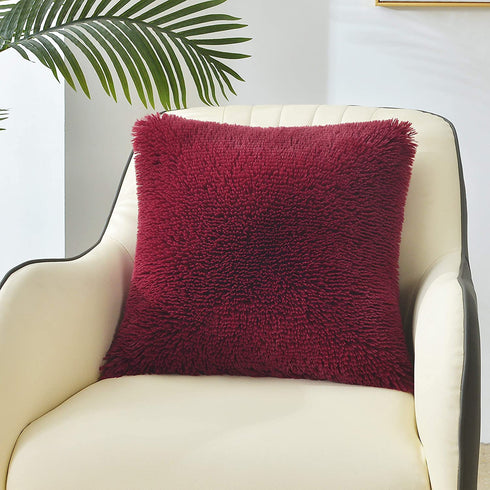 1pc Faux Fur Filled Cushion Fuzzy Shaggy Sherpa Pillows Fluffy Covers Soft Insert Cover Round Floor Pouf Ottoman Plush Decorative Bed Pillows(Burgundy,1PC 14X14 Filled Cushion)