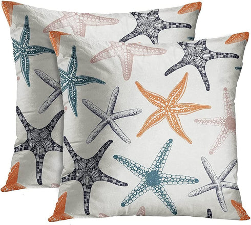 Emvency Set of 2 Throw Pillow Covers Beach Ocean Coastal Orange Black and Blue Starfish Decorative Pillow Cases Home Decor Standard Square 18x18 Inches Summer White Pillowcases