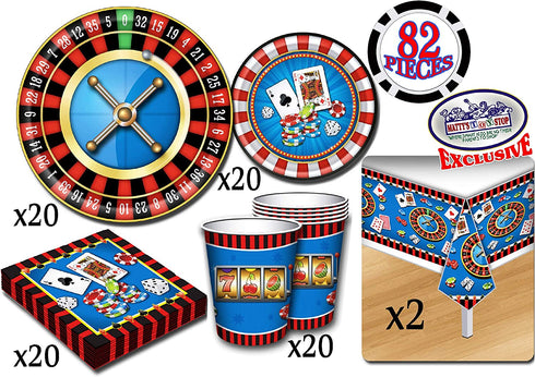 Deluxe Casino Night Theme Party Supplies Set for 20 People, Includes 20 Large Plates, 20 Small Plates, 20 Napkins, 20 Cups & 2 Table Covers - Perfect for Casino Night or Birthday (82 Pieces Total)