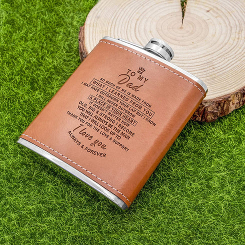 Personalized Flask Set - Engraved Custom Hip Flasks For Dad - Stainless Steel with Leather Flask For Men, Father Day's Valentine's Christmas Gift (Brown-For Dad)