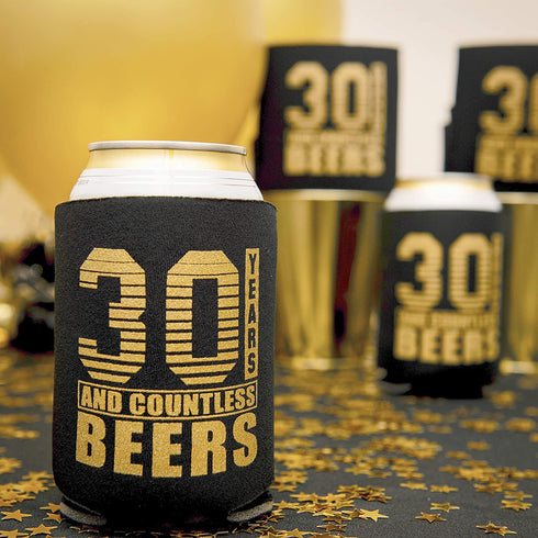 Happy 30th Birthday Decorations for Him, Dirty Thirty Birthday Beverage Can Cooler Sleeves, Insulated Holder Gift Ideas and Party Favors for Men, 12-Pack, Black & Gold