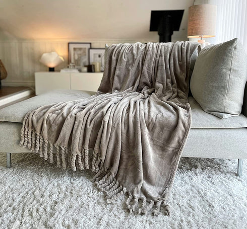 Odds & Ends Home Fleece Blanket Twin Size with Tassels - Super Soft Plush Tan Throw Blankets for Bed, Sofa, Couch, Outdoor, 60x87 Inches