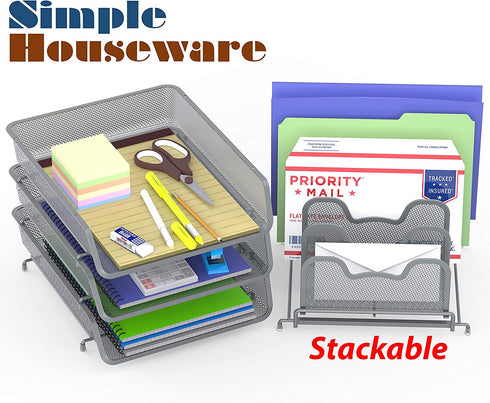 SimpleHouseware 3-Pack Stackable Desk File Document Letter Tray w/ 5 Compartments Step File Organizer, Silver