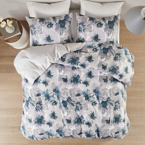 Inspire by INTELLIGENT DESIGN Reversible 100% Cotton Sateen Duvet - Breathable Comforter Cover, Modern All Season Bedding Set with Sham (Insert Excluded), Mercy, Floral Tiles Full/Queen(90"x90")