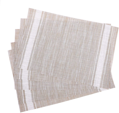 BIOINLIVING Placemats Set of 4 for Dining Table Washable Square Vinyl Placemat Non-Slip Heat Resistant Kitchen Striped Table Mats Easy to Clean 18 x 12 Inch, Beige