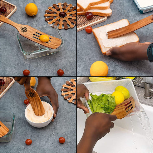 Spurtles Kitchen Tools as seen on tv, 5pcs Spurtles Kitchen Tools As Seen on TV, Natural Teak Wooden Cooking Utensils, Slotted Spurtles Set with Hanging Hole, Heat Resistant Nonstick