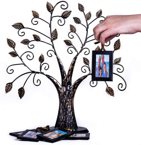 Klikel Family Tree Picture Frame Stand with 6 Hanging Photo Picture Frames - Medium Metal Tree 12 X 11 - Holds 6 Ornamental 2x3 Frames