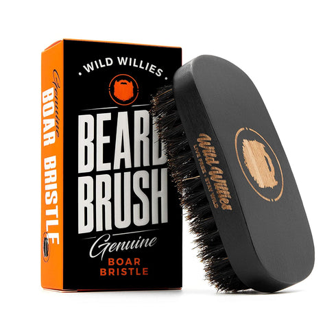 Natural Boar Bristles Beard Brush by Wild Willies - Small Travel Size with Ergonomically Designed Wood Handle - Professional Beard and Mustache Grooming Softens and Untangles Your Beard