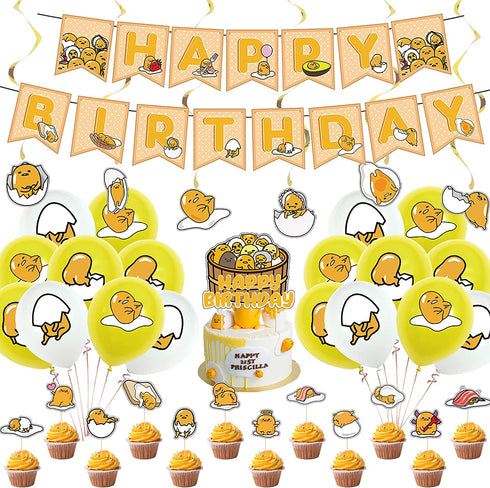 38 Pcs Gudetama Theme Birthday Party Decorations,Party Supply Set for Kids with 1 Happy Birthday Banner Garland , 13 Cupcake Toppers, 18 Balloons,6 Spiral for Party Decorations