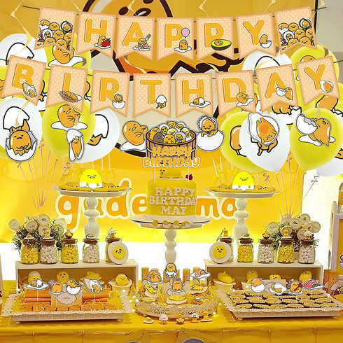 38 Pcs Gudetama Theme Birthday Party Decorations,Party Supply Set for Kids with 1 Happy Birthday Banner Garland , 13 Cupcake Toppers, 18 Balloons,6 Spiral for Party Decorations