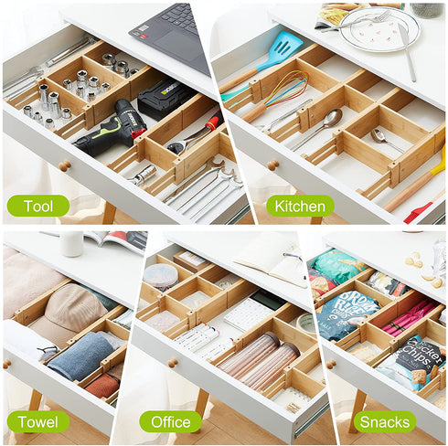 Bamboo Drawer Dividers for Clothes With 8 Inserts, Drawer Dividers Kitchen Utensils(16-20IN) Adjustable Expandable Deep Spring Loaded Separators Organizer for Office Silverware Dressers and Bathroom 4 Pack