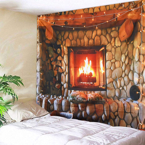 Sevendec Christmas Tapestry Wall Hanging Xmas Cobblestone Fireplace Wall Tapestry for Party Livingroom Bedroom Dorm Home Decor W90" x L71"