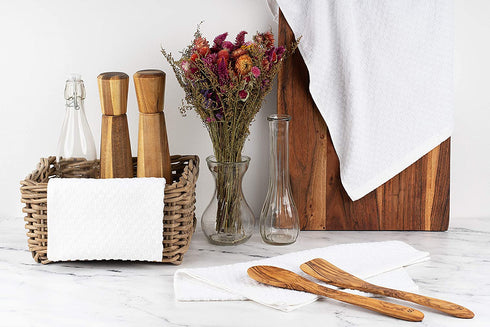 Kitchen Towels 100% Cotton - Machine Washable - Extra Soft 12x12 Black and White Dobby Weave Dish Towels, Tea Towels, Bar Towels - 12 Pack