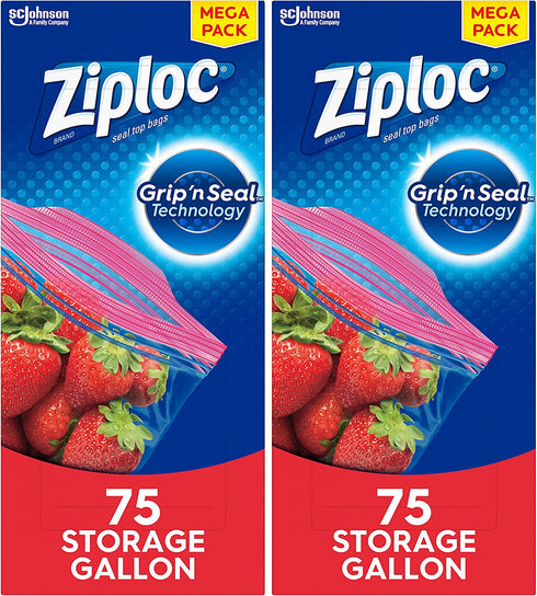 Ziploc Gallon Food Storage Bags, Grip 'n Seal Technology for Easier Grip, Open, and Close, 75 Count, Pack of 2 (150 Total Bags)