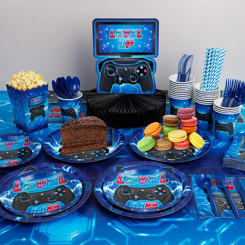 DECORLIFE Video Game Party Supplies Serves 24, Complete Gamer Party Supplies Includes Tablecloth, Popcorn Boxes, Blue, Total 200pcs for Boys Birthday
