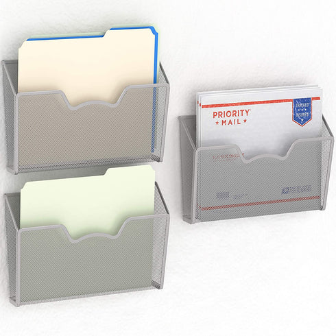 3 Pack - SimpleHouseware Wall Mount Single Pocket File Organizer Holder, Silver