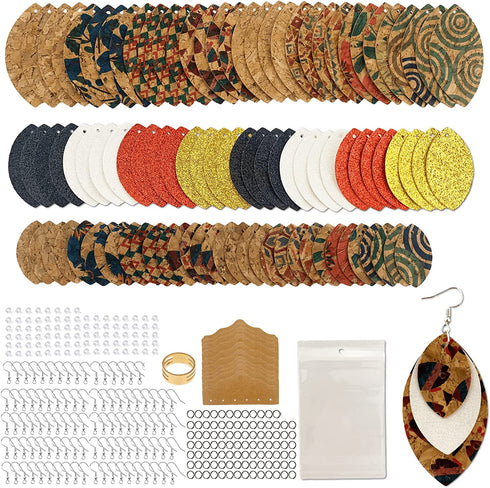 AOUXSEEM 321 Pcs Faux Leather Earrings DIY Making Kit for Beginners, Contains 96 Pre Cut Evil Eye Earring Pieces with Hooks Jump Rings Opener Earring Display Cards and Self-Adhesive Bags (Real Cork)