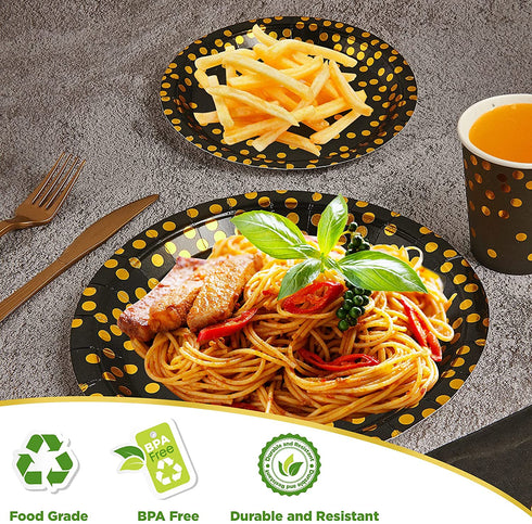 FOCUSLINE Black and Gold Party Supplies 210 PCS Paper Party Dinnerware 30 Guests - Disposable Black Paper Plates Napkins Cups & Gold Plastic Forks Knives Spoons for Graduation, Birthday, Wedding