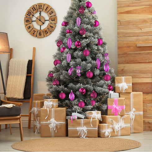 Fuchsia Pink Christmas Ball Ornaments for Christmas Decorations - 24 Pieces Xmas Tree Shatterproof Ornaments with Hanging Loop for Holiday and Party Decoration (Combo of 8 Ball and Shaped Styles)