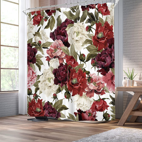 Homewelle Burgundy Floral Shower Curtain Watercolor Rustic Flower Rose Red White Girl Retro Leaves Blossom Peony Woman 60Wx72L Inch Waterproof 12 Pack Shower Hooks Polyester Fabric Bathroom Bathtub
