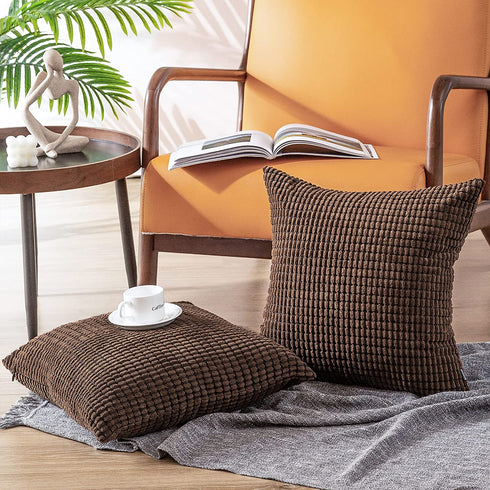 CaliTime Pack of 2 Comfy Throw Pillow Covers Cases for Couch Sofa Bed Decoration Comfortable Supersoft Corduroy Corn Striped Both Sides 20 X 20 Inches Coffee