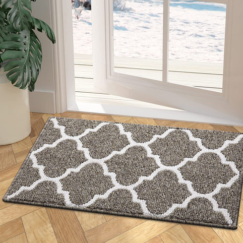 Kitinjoy Premium Indoor Door Mat, 20"x32" Non Slip Absorbent Entryway Rug, Resist Dirt Floor Mat Entrance Rug, Machine Washable Low-Profile Inside Floor Door Mat Area Rug for Entryway, Brown Trellis