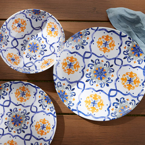 Amazon Basics 12-Piece Melamine Dinnerware Set - Service for 4, Traditional Blue & Yellow